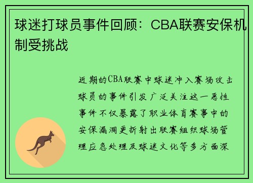 球迷打球员事件回顾：CBA联赛安保机制受挑战